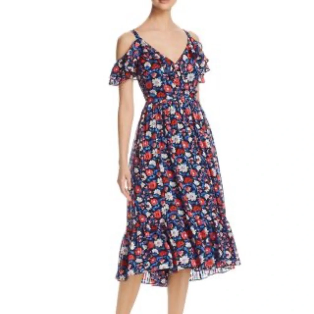 Kate Spade Cold Shoulder Navy Daisy Print Silk Midi Dress NWOT